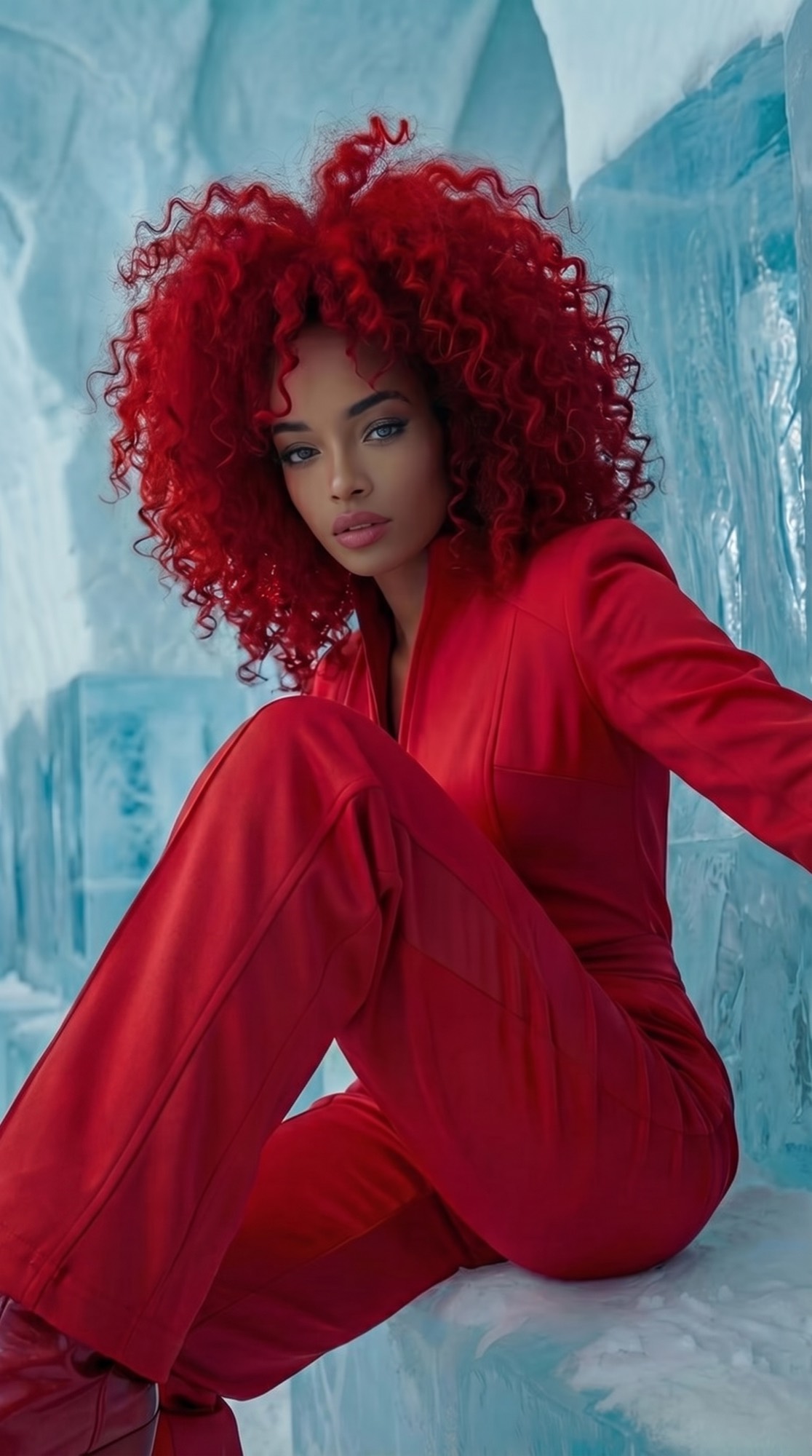 Model with vivid red curls in a red outfit against an ice-blue backdrop